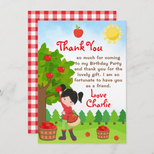 Apple Picking Black Hair Girl Birthday Thank You I Invitation