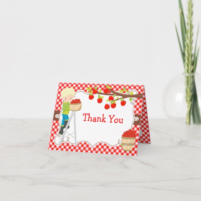 Apple Picking Blond Hair Birthday Party Thank You Card (Front)
