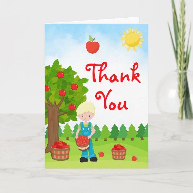 Apple Picking Blonde Hair Boy Birthday Thank You C (Front)