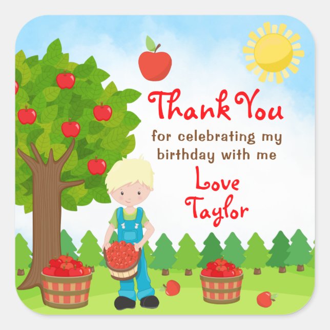 Apple Picking Blonde Hair Boy Birthday Thank You S Square Sticker (Front)