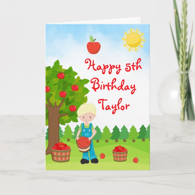 Apple Picking Blonde Hair Boy Happy Birthday Card (Front)