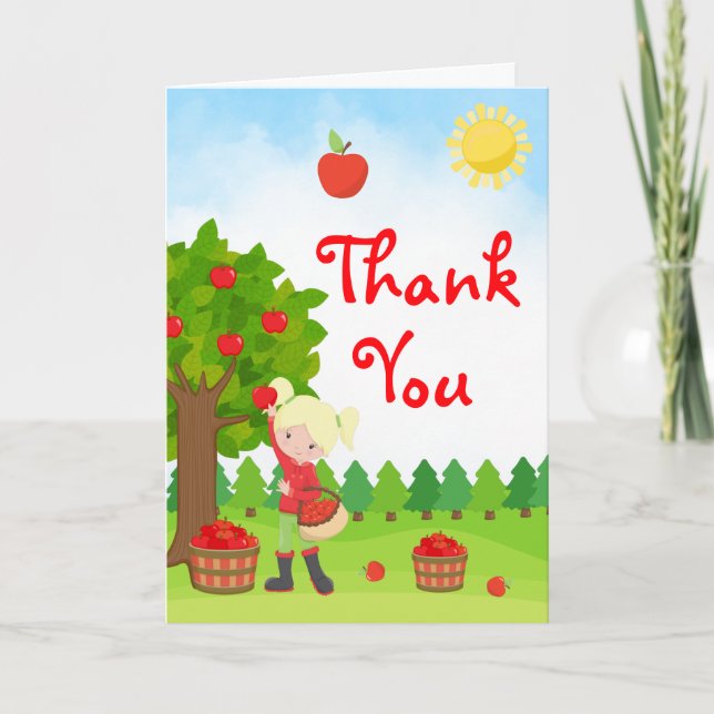Apple Picking Blonde Hair Girl Birthday Thank You  Card (Front)
