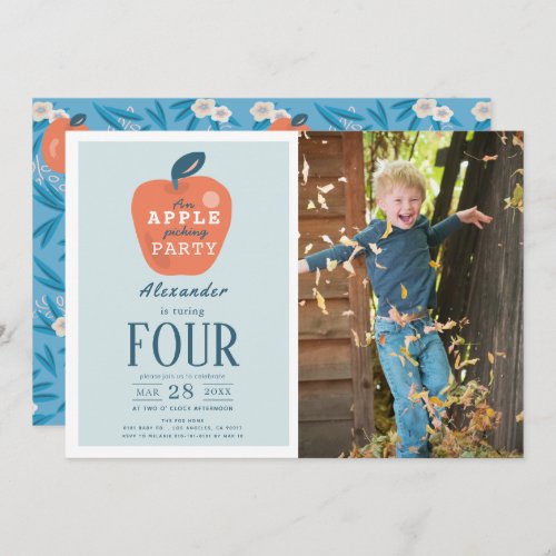 Apple Picking Blue Boy Photo Birthday Invitation