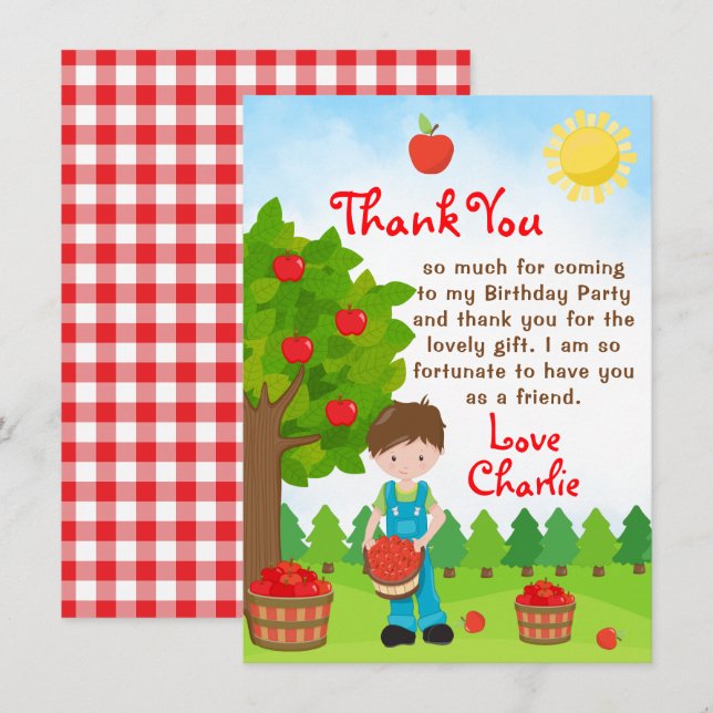 Apple Picking Brown Hair Boy Birthday Thank You In Invitation (Front/Back)