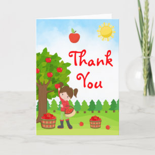 Apple Picking Brown Hair Girl Birthday Thank You C Card