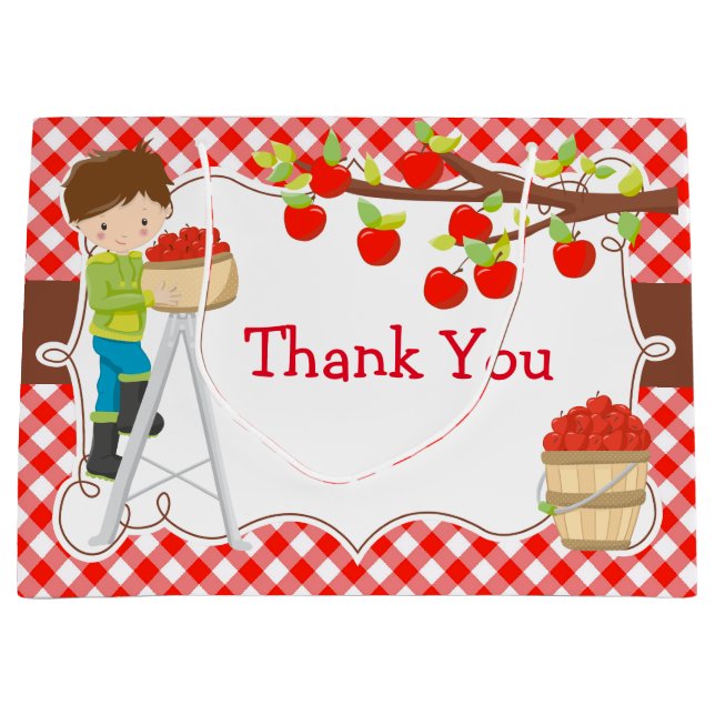 Apple Picking Brunette Boy Birthday Party Large Gift Bag (Front)