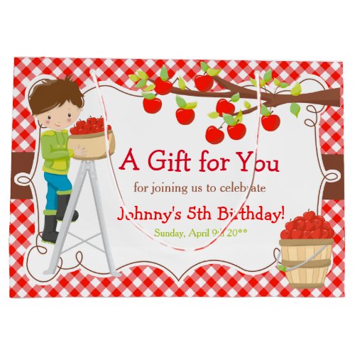 Apple Picking Brunette Boy Birthday Party Large Gift Bag