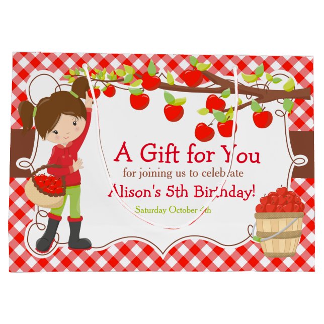 Apple Picking Brunette Girl Birthday Party Large Gift Bag (Back)