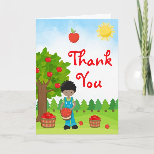 Apple Picking Dark Skin Boy Birthday Thank You Car (Front)