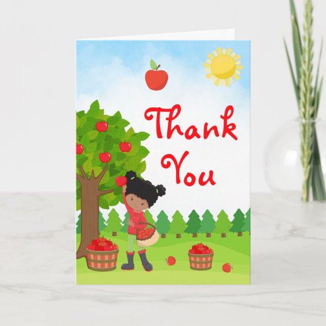 Apple Picking Dark Skin Girl Birthday Thank You Ca Card (Front)
