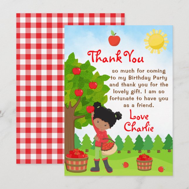 Apple Picking Dark Skin Girl Birthday Thank You In Invitation (Front/Back)