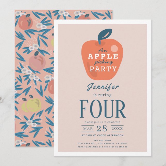 Apple Picking Girl Pink Birthday Invitation (Front/Back)