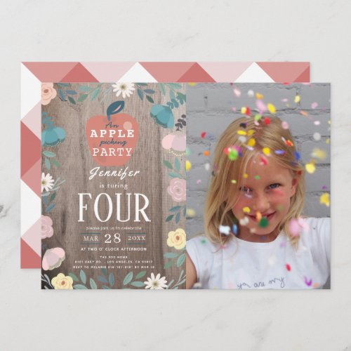 Apple Picking Party Floral Wood Photo Birthday Invitation