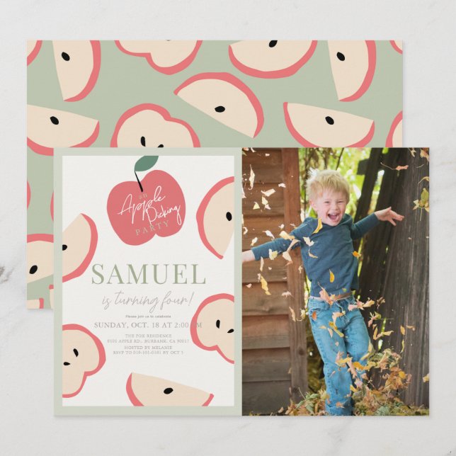 Apple Picking Party Green Boy Birthday Photo Invitation (Front/Back)