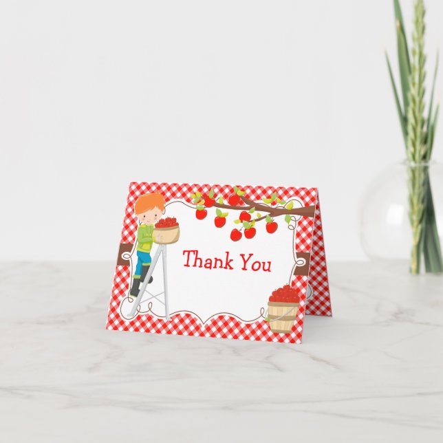 Apple Picking Red Hair Birthday Party Thank You Card (Front)