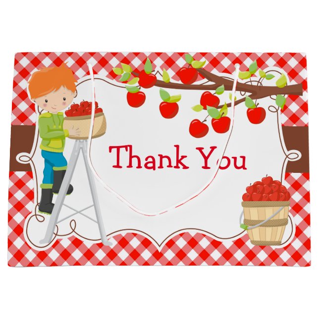 Apple Picking Red Hair Boy Birthday Party Large Gift Bag (Front)