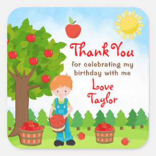 Apple Picking Red Hair Boy Birthday Thank You Squa Square Sticker