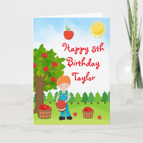 Apple Picking Red Hair Boy Happy Birthday Card