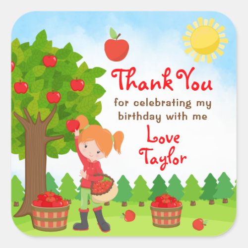 Apple Picking Red Hair Girl Birthday Thank You Squ Square Sticker