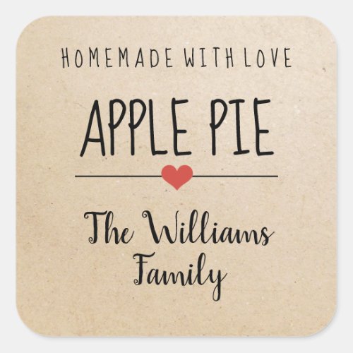 Apple pie homemade with love kraft paper name square sticker