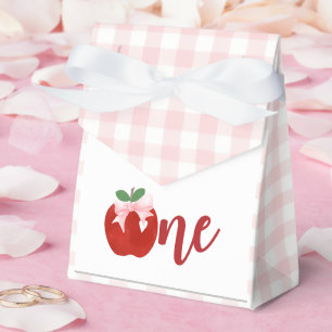 Apple pink bow plaid first birthday favor boxes