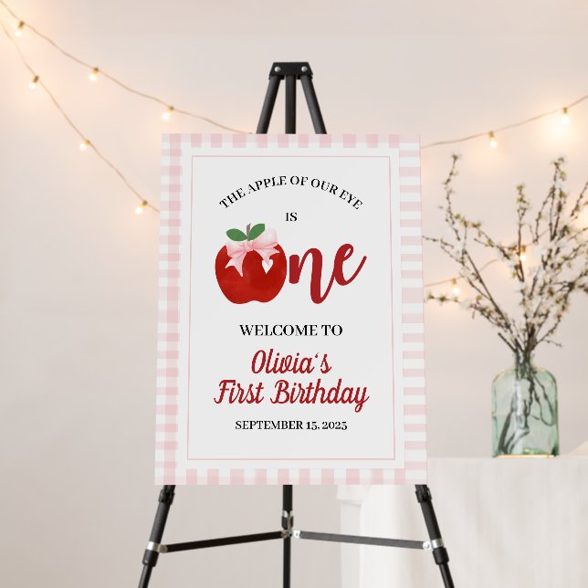 Apple Pink Bow preppy Coquette 1st birthday Foam Board (In Situ (Stand))