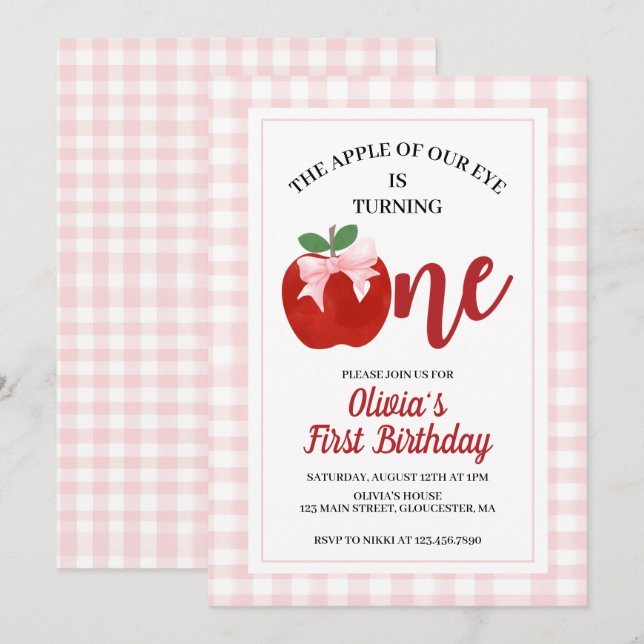 Apple Pink Bow preppy Coquette 1st birthday Invitation (Front/Back)