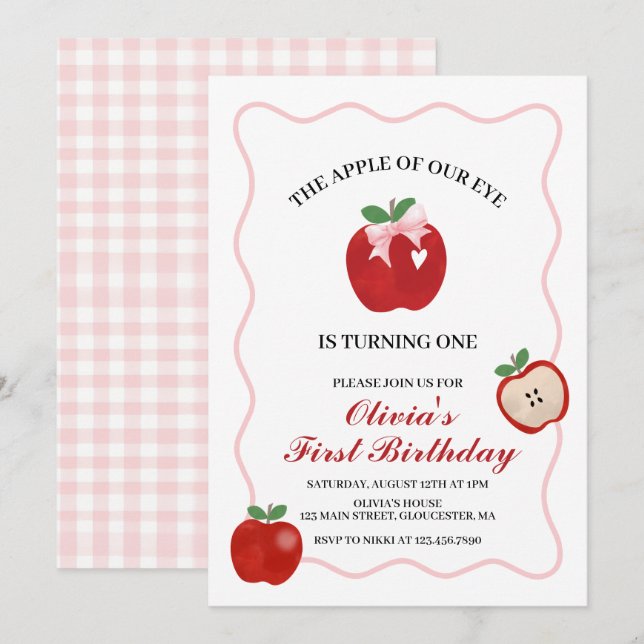 Apple Pink Bow preppy Coquette 1st birthday Invitation (Front/Back)