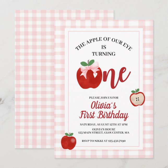 Apple Pink Bow preppy Coquette 1st birthday Invitation (Front/Back)