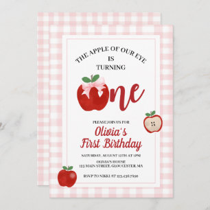 Apple Pink Bow preppy Coquette 1st birthday Invitation