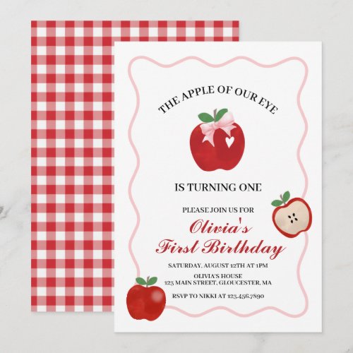 Apple Pink Bow preppy Coquette 1st birthday Invitation