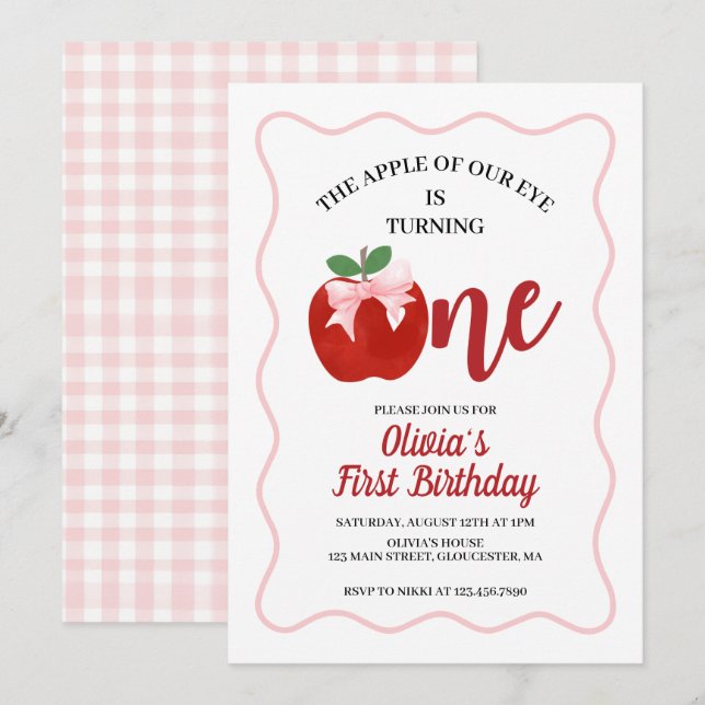 Apple Pink Bow preppy Coquette 1st birthday Invitation (Front/Back)
