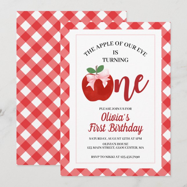 Apple Pink Bow preppy Coquette 1st birthday Invitation (Front/Back)