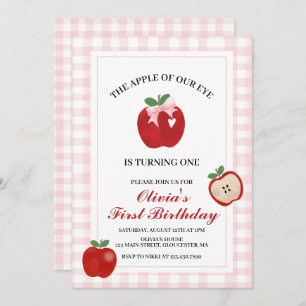 Apple Pink Bow preppy Coquette 1st birthday Invitation