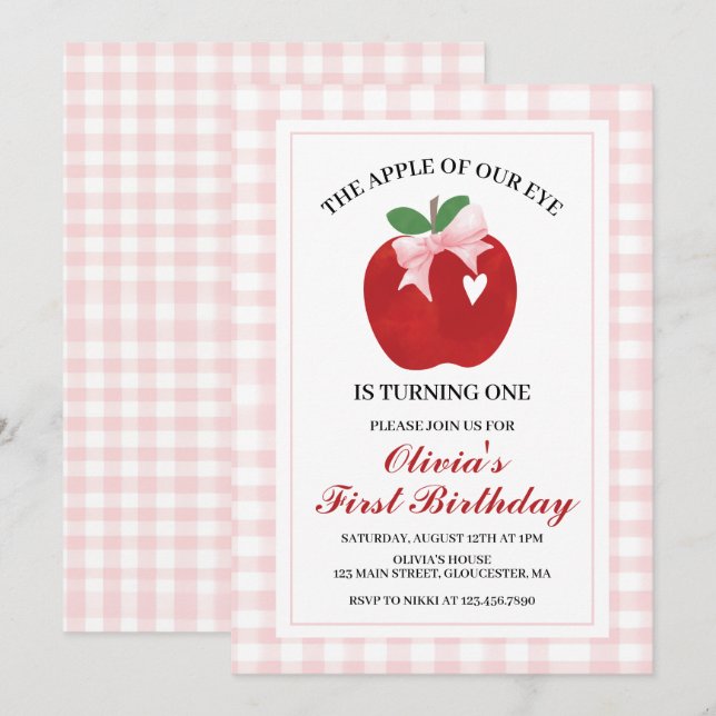 Apple Pink Bow preppy Coquette 1st birthday Invitation (Front/Back)