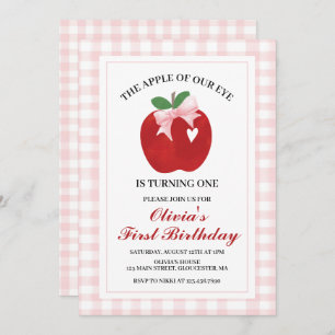 Apple Pink Bow preppy Coquette 1st birthday Invitation