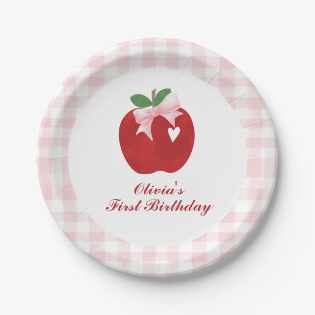 Apple Pink Bow preppy Coquette 1st birthday Paper Plates (Front)