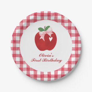 Apple Pink Bow preppy Coquette 1st birthday Paper Plates
