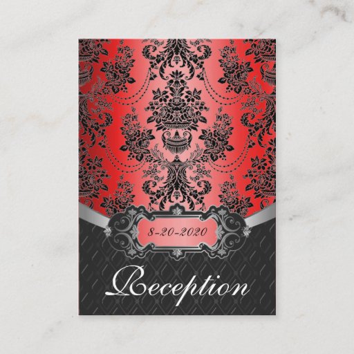 Customizable Apple Red &amp; Black Damask Wedding Reception Cards Business Card Template