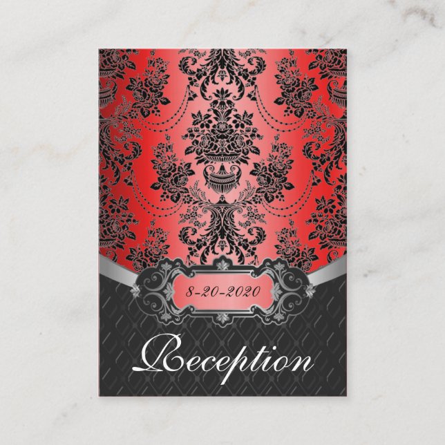 Apple Red & Black Damask Wedding Reception Cards (Front)