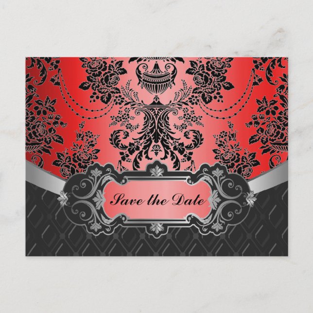 Apple Red & Black Damask Wedding Save the Dates Announcement Postcard (Front)
