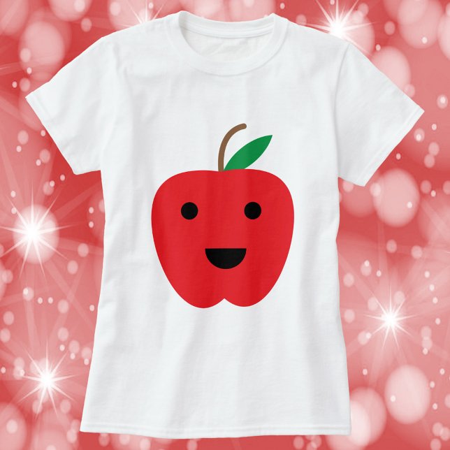 Apple Red Cute Kawaii Face T-Shirt (A shirt with a cute kawaii red apple)
