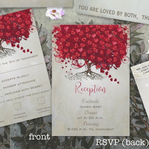 Apple Red Heart Leaf Black Tree Wedding RSVP Card
