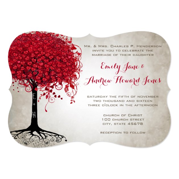 Apple Red Heart Leaf Tree Forest Wedding Invitation