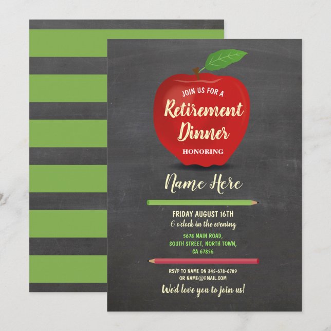 Apple Retirement Party Red Teacher Chalk Rustic Invitation (Front/Back)
