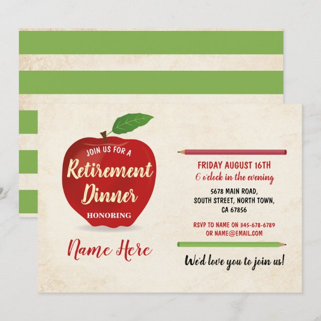 Apple Retirement Rustic Party Red Teacher Cream Invitation (Front/Back)