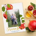 Apple Rosh Hashanah Jewish Holiday Photo Foil<br><div class="desc">This modern Rosh Hashanah holiday photo card features a modern apple branch illustration, one vertical photo and the greeting "Shana Tova" in gold foil. On the back you will find a navy blue background. Further customize this design by adding another photo and/or text to the back! The gold foil on...</div>