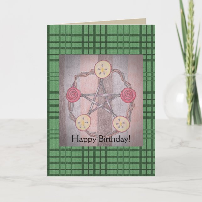 Apple Slice Pentacle Birthday Green Plaid Card (Front)