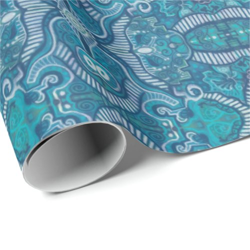 Apple Stripe Bohemian Arabesque Pattern Blue Teal Wrapping Paper