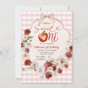 Apple Sweet One Birthday Pink Gingham Fall Floral Invitation